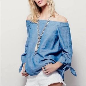 Free People Off Shoulder Linen Blend Chambray Top EUC